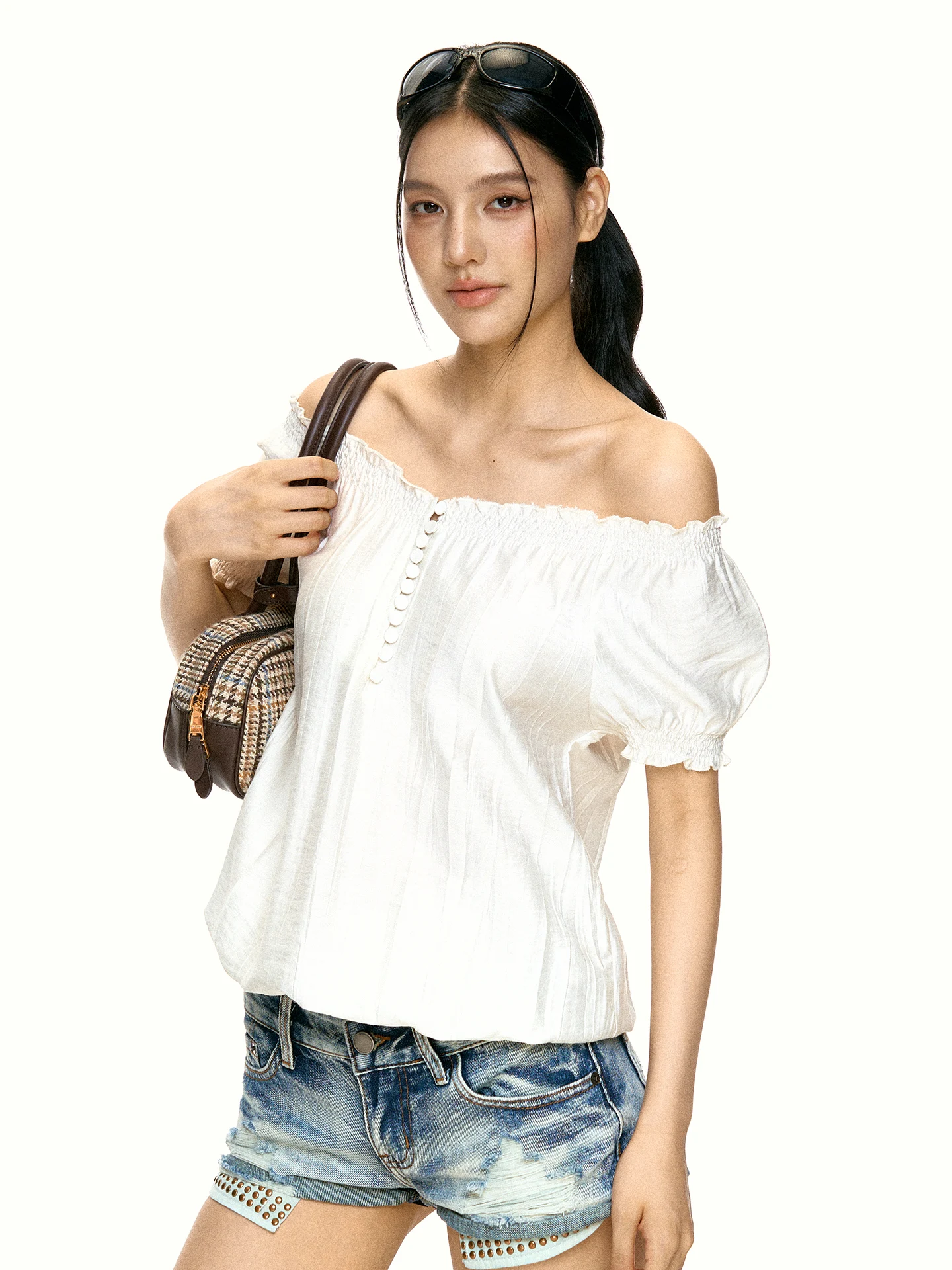 Aaisup White Ruffle Shoulder Bubble Sleeve Women's T-shirt Summer New Style Sweet And Spicy Loose Slimming Shoulder Exposure
