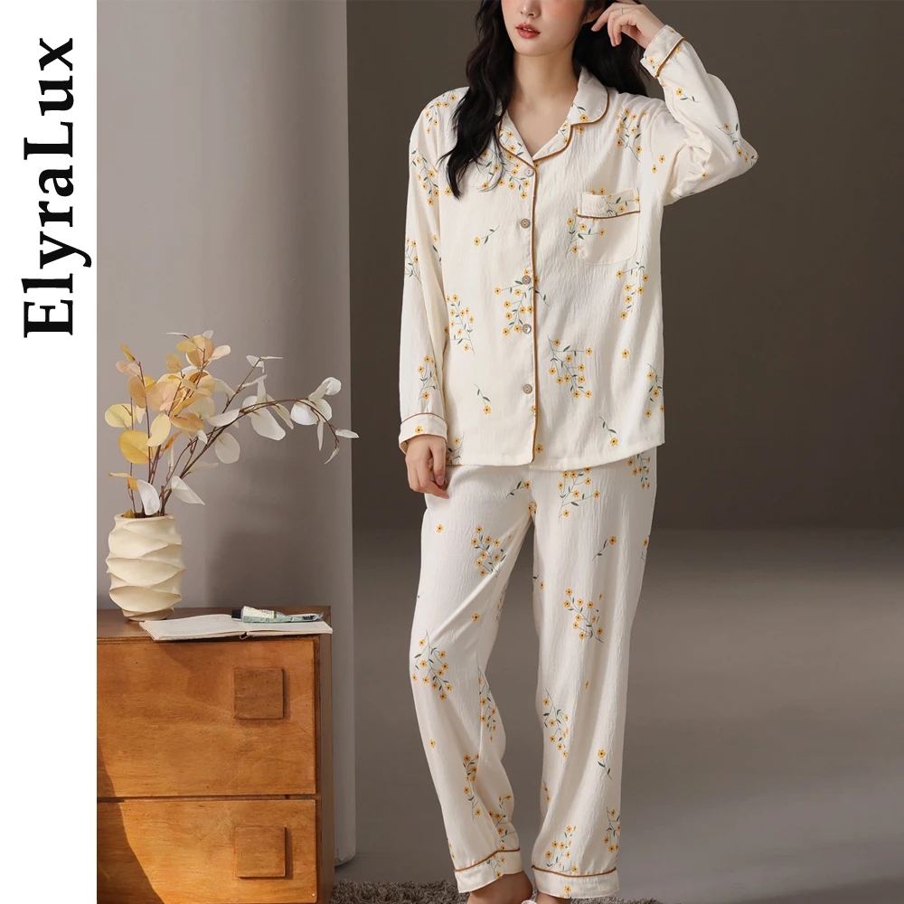 

ElyraLux Women's Pajama Long Sleeve Cloud Cotton Sleepwear Home Wear Cardigan Pijama Set Flower Print Korean Autumn Leisure Suit