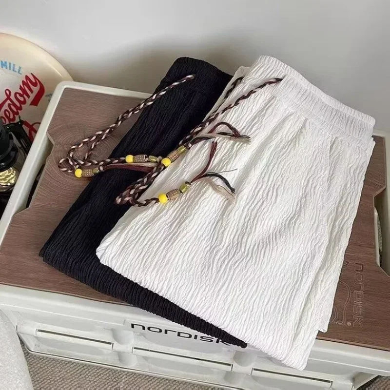 الحرير الجليد سراويل تقليدية الرجال رقيقة الرياضة مستقيم Sweatpants الكتان الأبيض فضفاض أضعاف الكاحل طول المشي السراويل الذكور