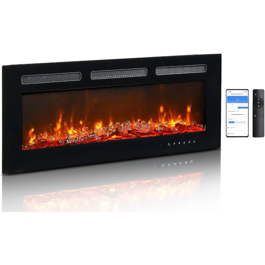 42 Electric Fireplace Wall-Mounted Inserts Fireplace Heater with Remote WiFi Control 12 Adjustable Flame Colors Log Crystal Set