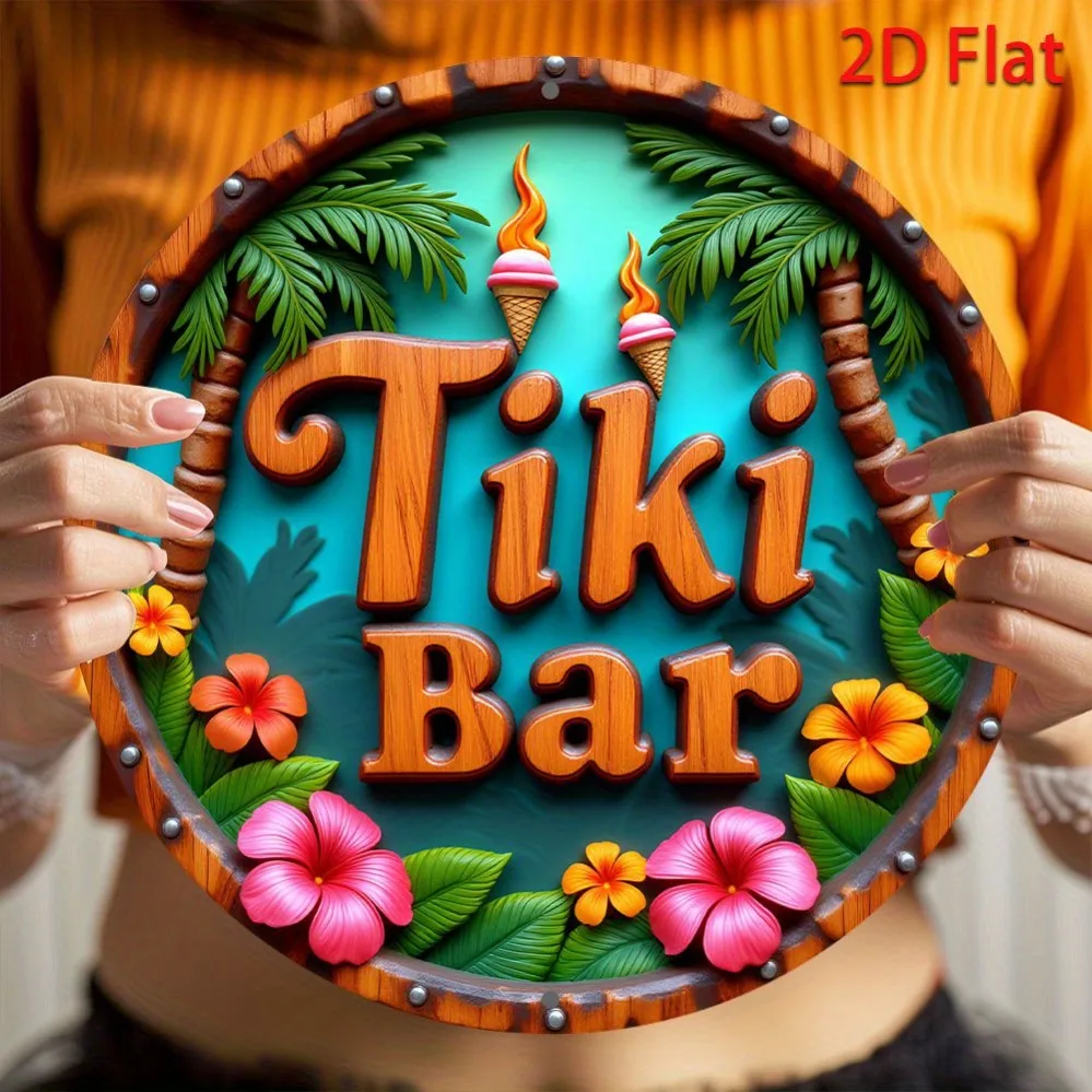 2D Metal Sign, Tiki Bar Design Pineapple Flower Torch Metal Wall Art, 8 Inch Round for Garden Kitchen Spring Festival