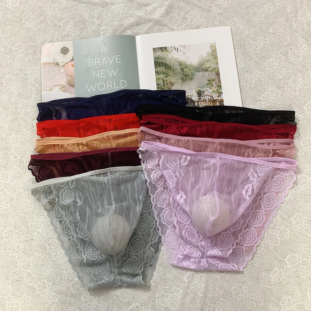 Men Seamless Lace Mesh Sheer Bulge Pouch Boxers Man Very Hot Lingerie BreathableBikini Briefs Underwear For Man Underpants Pants