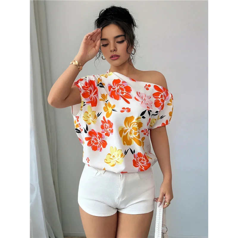 

AOAO-Women's Off The Shoulder Short Sleeve Tops Ruched Floral Print Summer Blouse