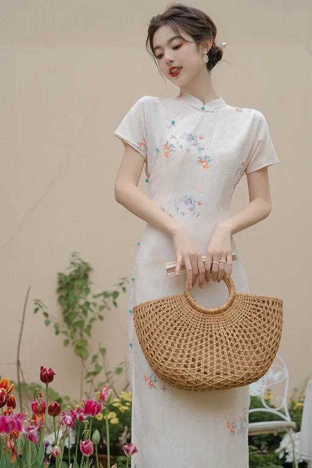 

Young Style Dress Traditional Printing Young Girl Daily Wear Mid-Length Qipao Long Sleeve Color