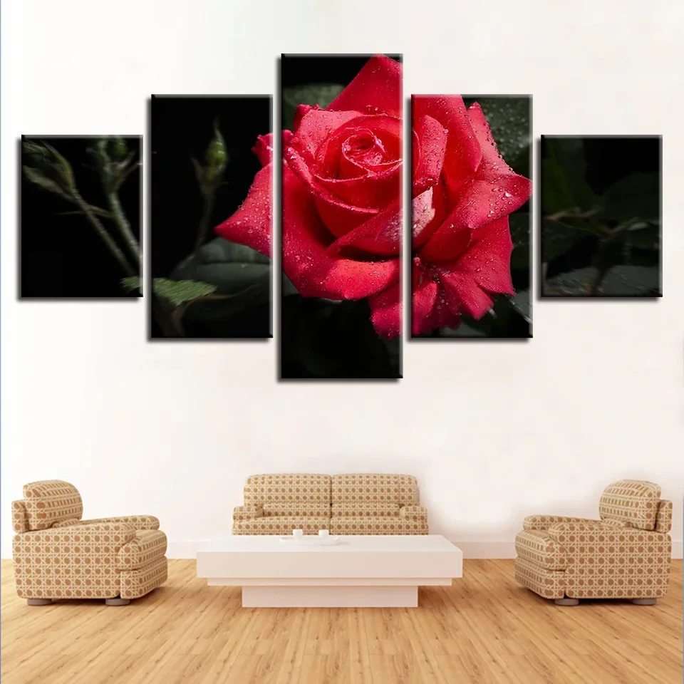 Deep Realm Art Mural Painting, Five couplets, Ultra clear Room Decoration Painting, Bright Red Rose, Bedhead Hanging Painting