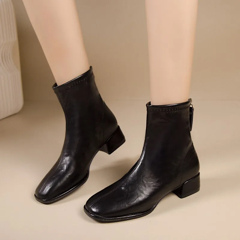 Women Ankle Boots New Winter Chunky Mid Heel Boots Elegant Ladies Square Toe Coffee Black Splicing Zipper Boots