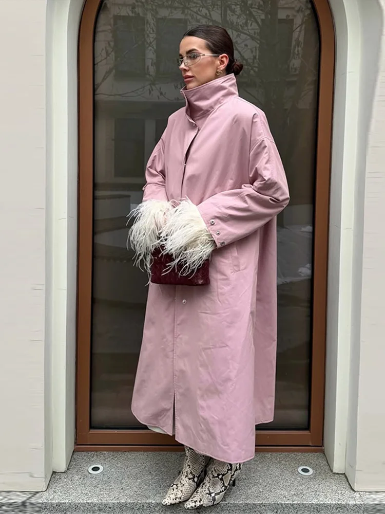 Loose Feather Cuff Women's Overcoat Pink Standup Collar Long Sleeve Single-breasted Female Coats 2026 Autumn Lady Outwear