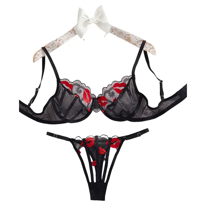 مثير Underwire لطيف رفع Strappy المطرزة شبكة شير مجموعة الملابس الداخلية انظر من خلال اللباس الداخلي الصدرية