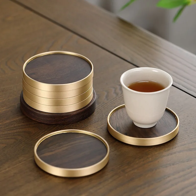 Rose Wood Coasters Set, Solid Wooden Cup Mat, Heat Resistant, Bar Table Drink, Tea, Wine, Non-slip Pad, Copper Decor