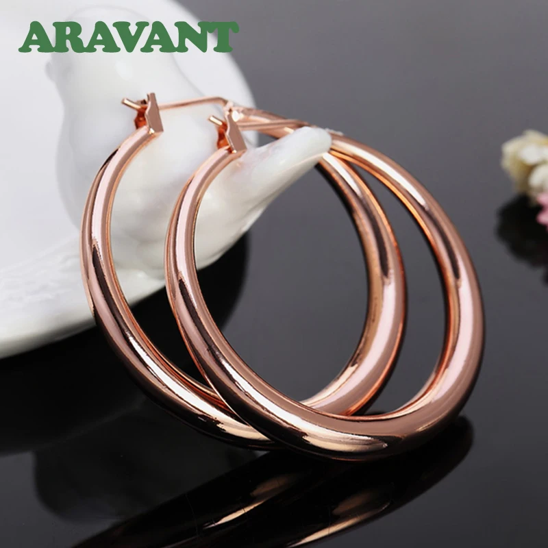 Aravant 925 srebro 35mm róża złote kolczyki kołowe dla kobiet dziewczyny moda biżuteria