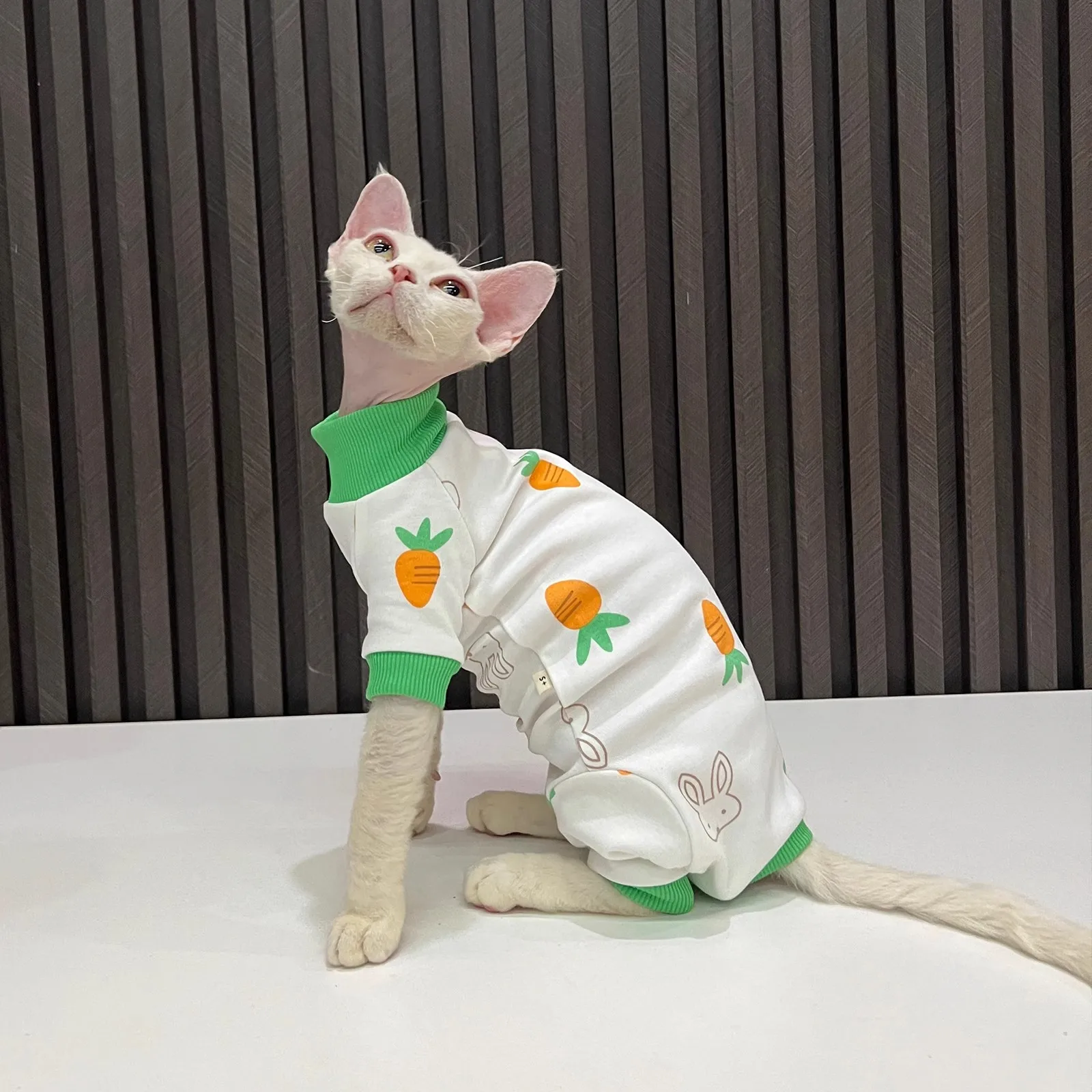 Roupas de desenho animado de quatro pernas, cenoura, estampas de coelhinhos, roupas de gato sem pêlos, gatos sphynx, devon, tudo incluído, à prova de cabelo, mangas