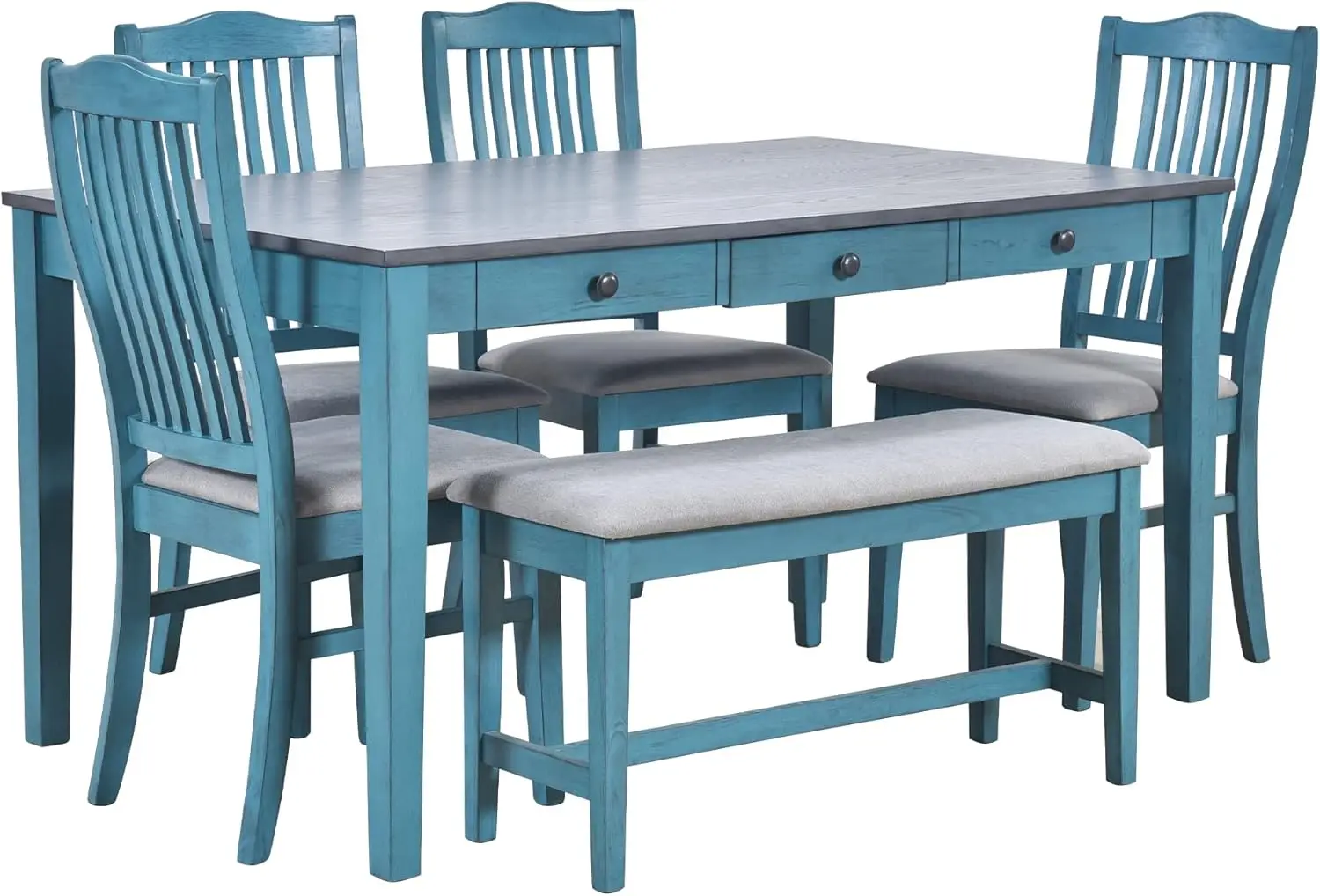 Merax Mid-Century 6-Piece Wood Dining Table Set with Drawer, 4 Upholstered Chairs and Bench, Antique Blue