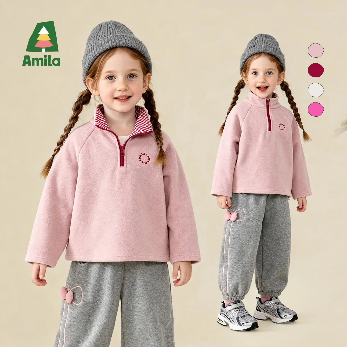 

Amila Kids Girls' Winter Solid Color Hoodie Half Zipper Style Half High Neck Windproof, Warm, Comfortable Trendy And Casual wear