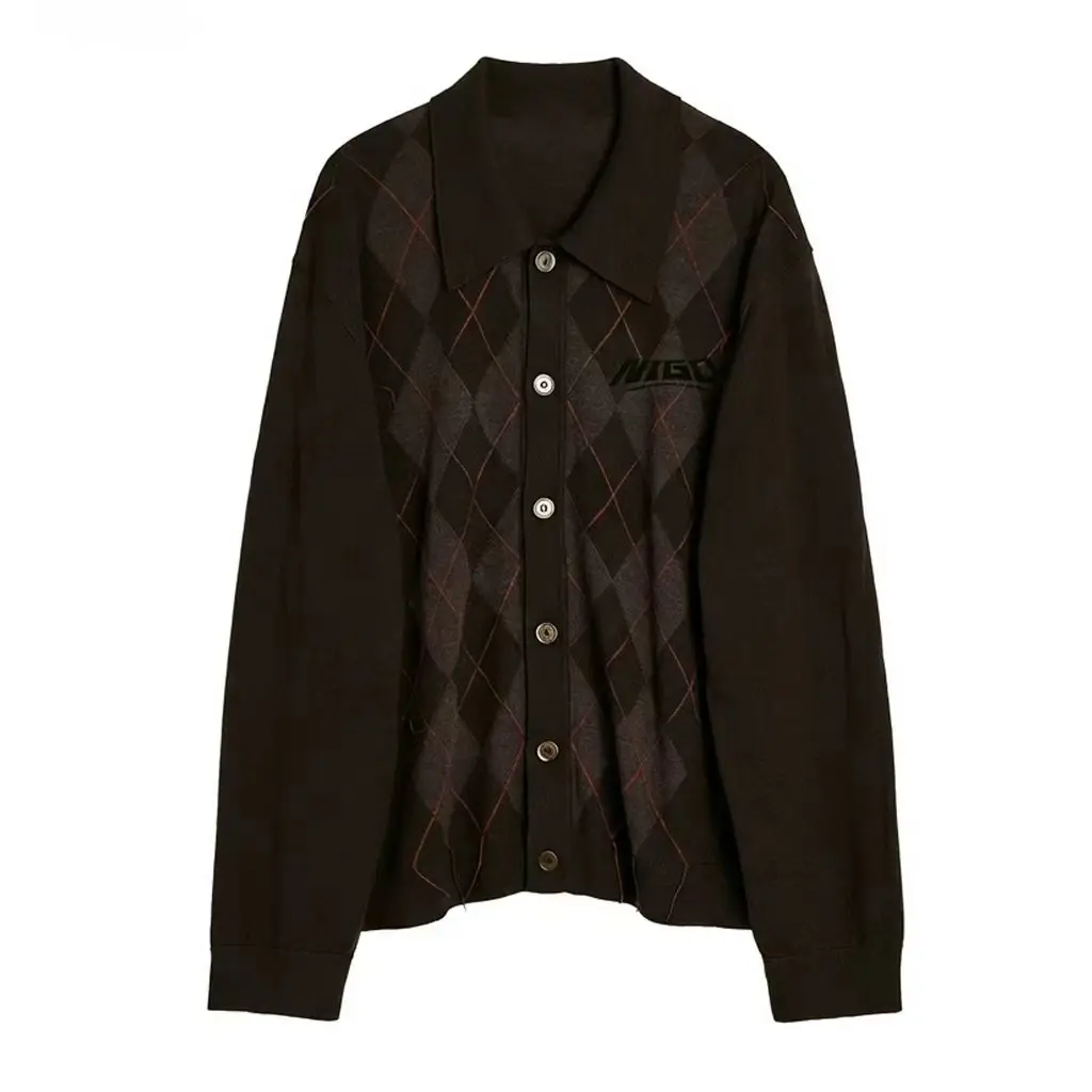 

NIGO Men's Black Argyle Pattern Collared Button Cardigan Autumn Winter Knit Fabric High Comfort Casual Daily #NIGO9544Z