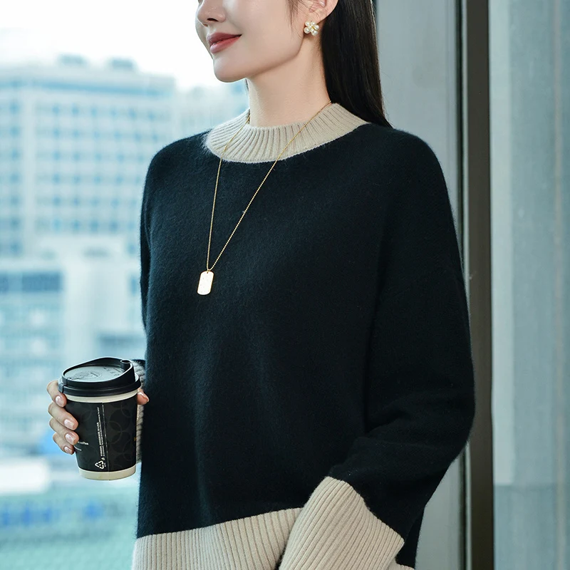 Autumn and Winter New 100% Cashmere Sweater Women's Loose Large Size Color blocked Casual Versatile Temperament Sweater