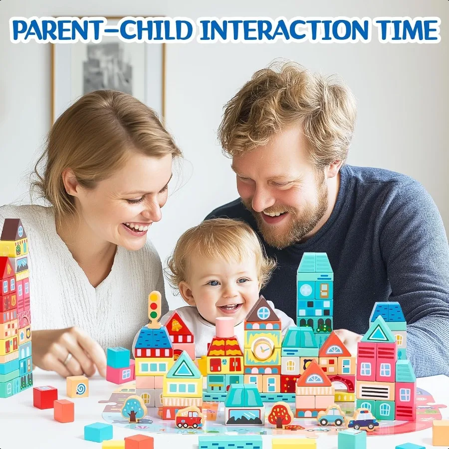 VigorFun 100 PCS Wooden Building Blocks Set City Builder Stacking Toy with Storage Bag Montori Preschool Toys for Toddlers Birt