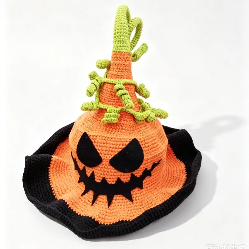 Handmade Crochet Colorful Pumpkin Devil Witch Bucket Hat Women Custom Leaf Ruffled Wizard Beanie Hat Cosplay Halloween Caps