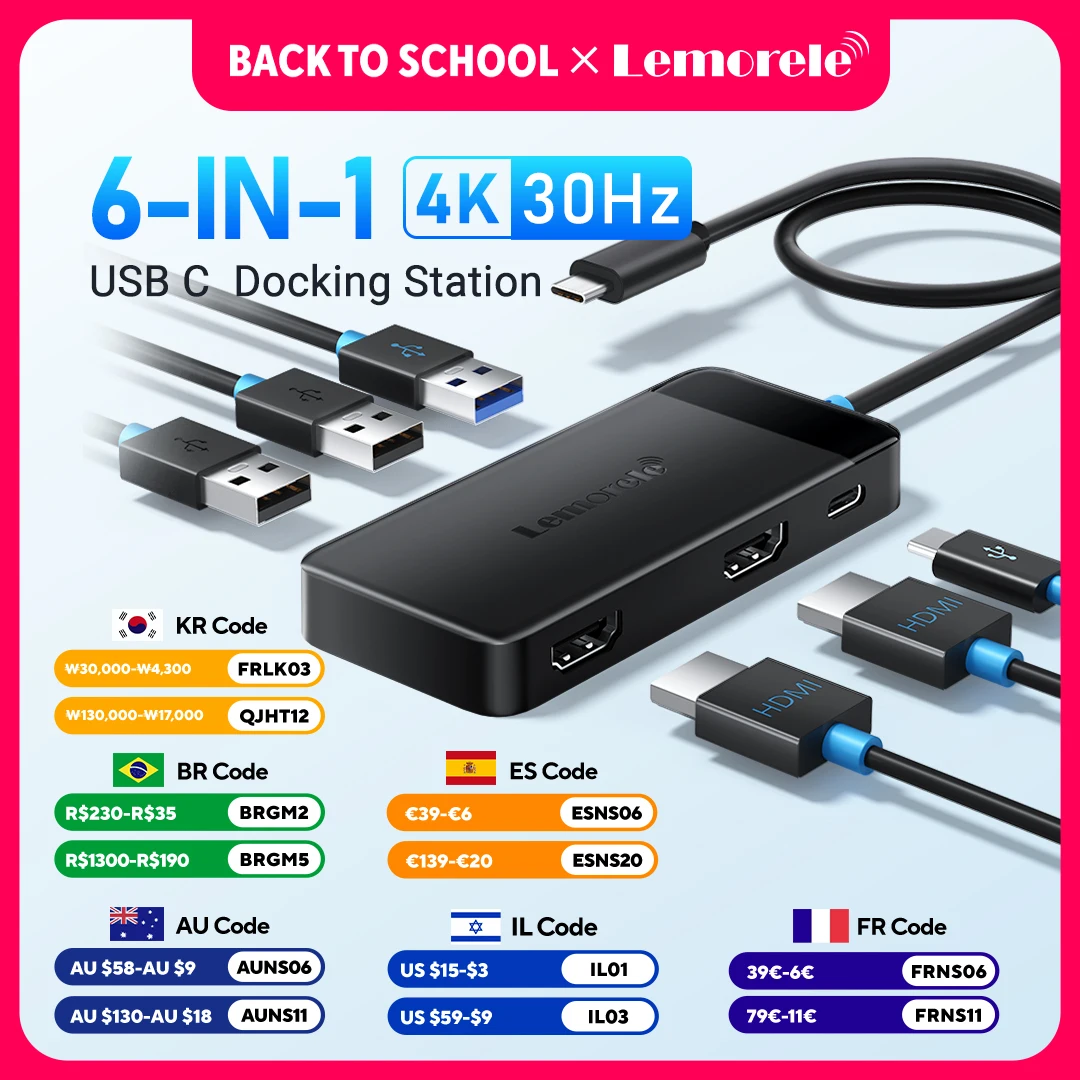 Hub USB-C 6 em 1 Lemorele: Estação de Acoplamento 4K com HDMI Duplo e DP 4K para Laptops, MacBook, Dell, HP, Adaptador Multi-Monitor USB 3.0 com PD 100W