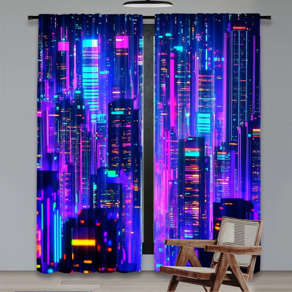 2Pcs Retro 80S Modern Punk Night City Curtain Futuristic Aesthetic Apply To Bedroom Living Room Office Dormitory A