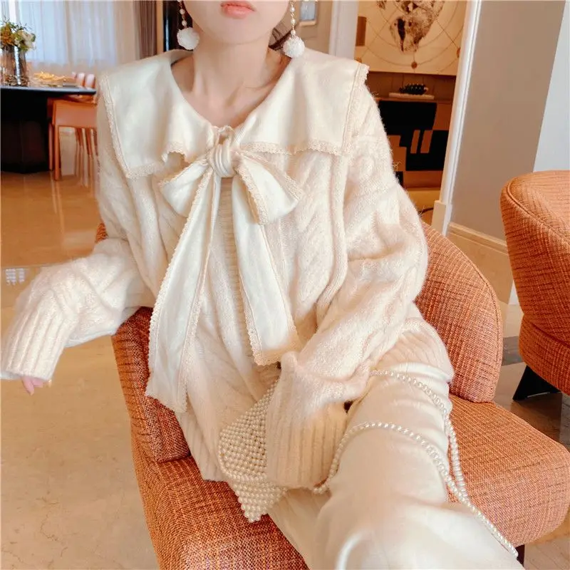 Sweet Loose Vintage Sweater Women Autumn Winter Knitting Cardigan Coat Lacing Long Sleeve Fashion All-match Trend Knitwear Tops