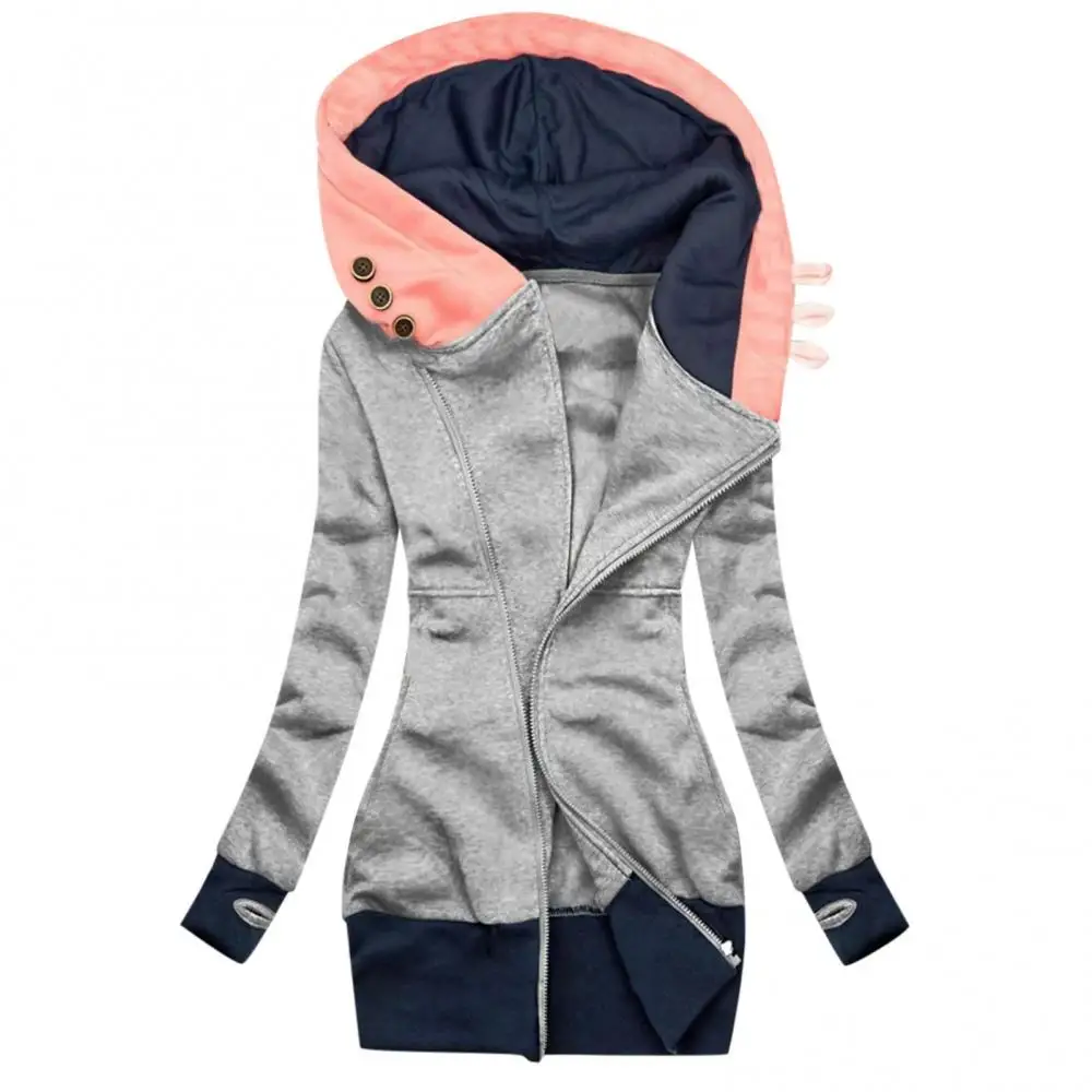 Women Autumn Winter Hoodie Coat Long Sleeve Pocket Zipper Mid-length Jacket Large Size Denim Jacket 2021