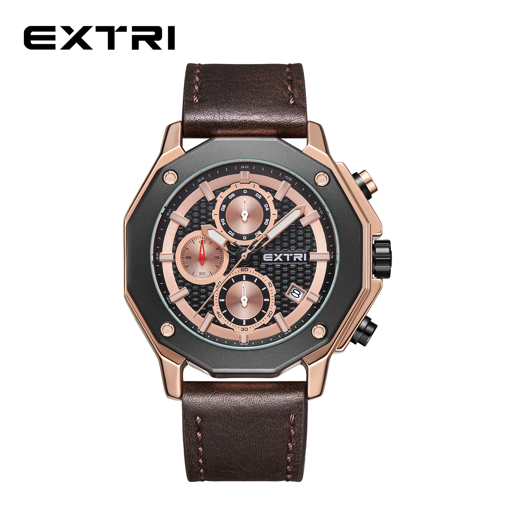 

Extri Mens Leather Watches Unique Polygonal Case Chronograph Function Business Relojes Hombre Metal Box Luxury High Quality