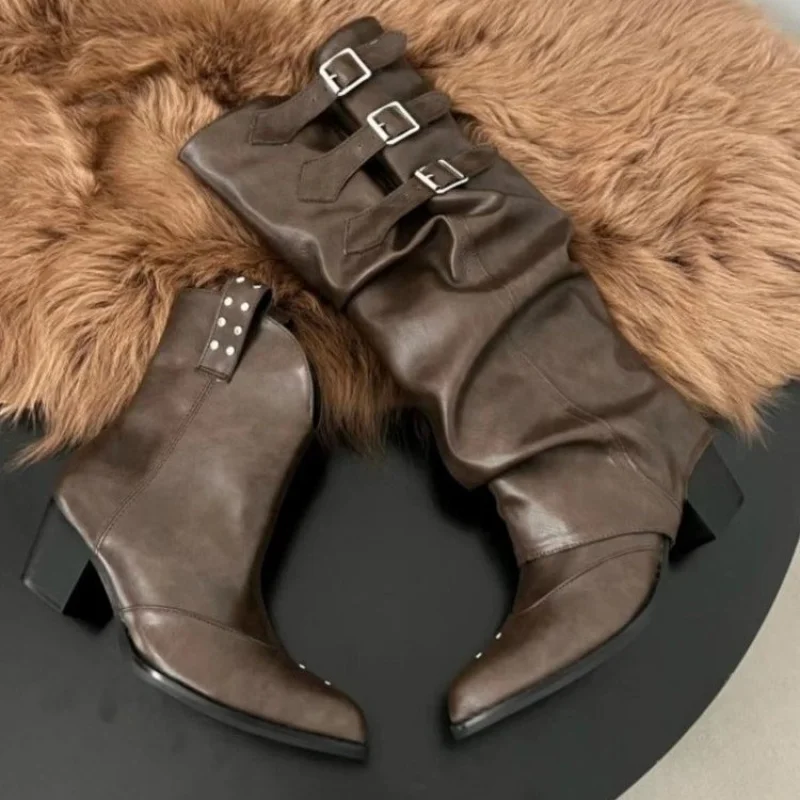 2025 جديد النمط الأوروبي والأمريكي الأحذية النسائية اتجاهين ارتداء أحذية رعاة البقر الغربية التجاعيد كومة أنبوب طويل أحذية ركوب الخيل #1