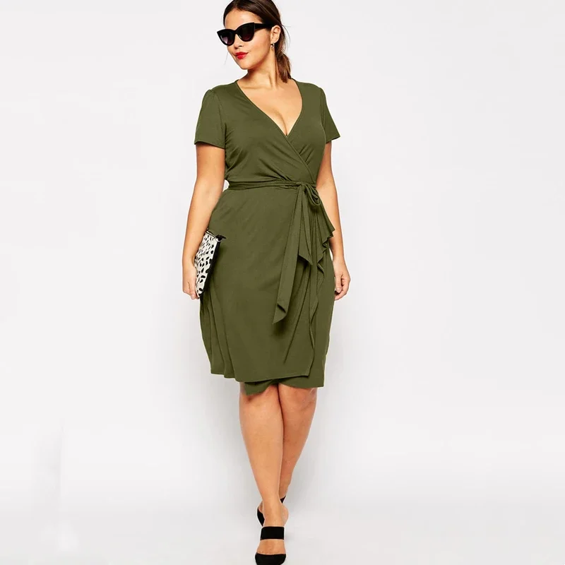 Plus Size Sexy V-neck Summer Elegant Wrap Dress Short Sleeve Sashes Office Party Dress Female Large Size Casual Midi Dress 6XL