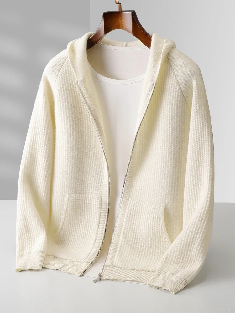 Daily Clothes Autumn Winter Sweater Men's Coat 100% Merino Wool Sweater Cardigan Knitted Jacket Thicked Hooded Outerwears Trend