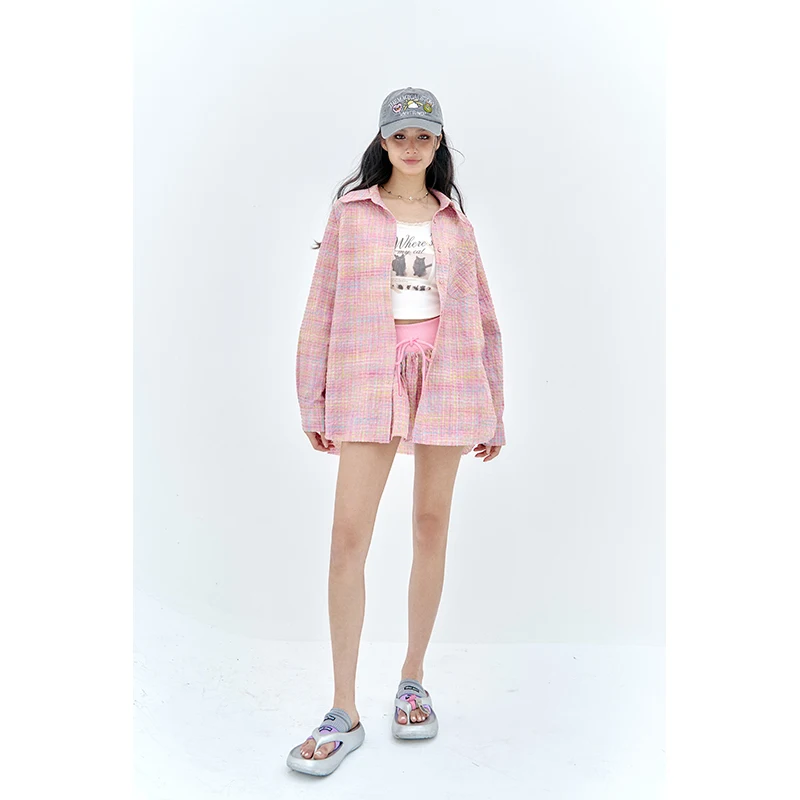 ELFSACK Pastel Check Shirt & Puff Hem Culottes Set, Relaxed Fit Button Down Top with Knit Skort, Sweet Casual Two-Piece Outfit