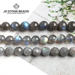 Cuentas de labradorita de luz azul natural auténtica, larvicita, piedra lunar gris, piedras preciosas redondas para la fabricación de joyas, accesorios de pulsera Diy