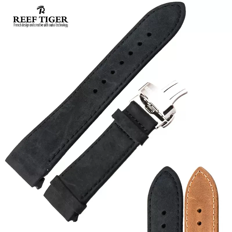 

Reef Tiger/RT 24mm Width Brown Leather Watch Strap Black Genuine Leather Watch Wristband for Men RGA703 RGA792