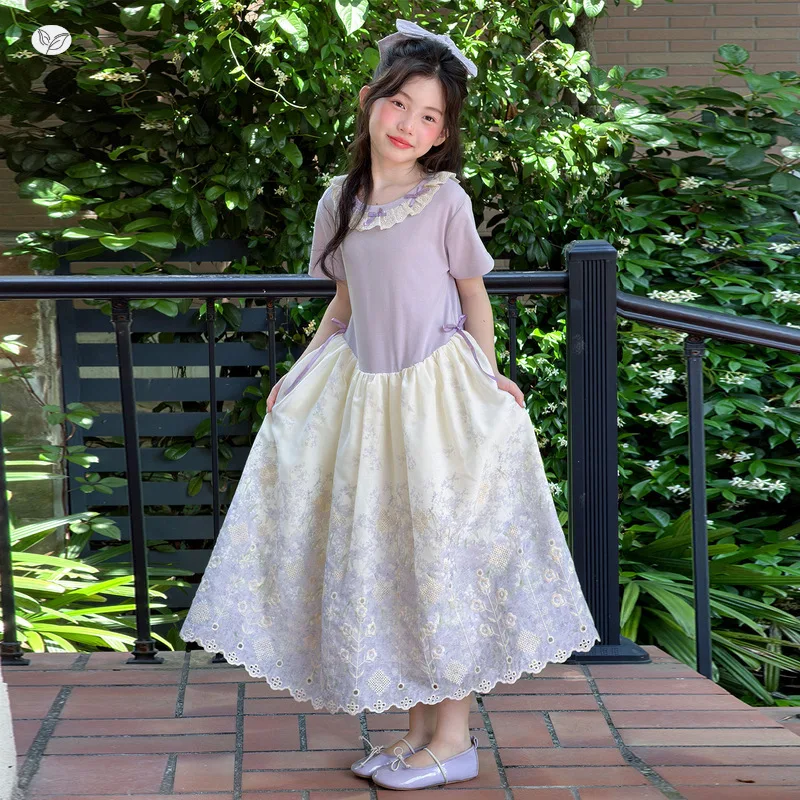 Girl's Lace Collar Princess Dress 2026 Summer New Mid Size Children's Spliced T-shirt Skirt Gradient Dress Long Skirt