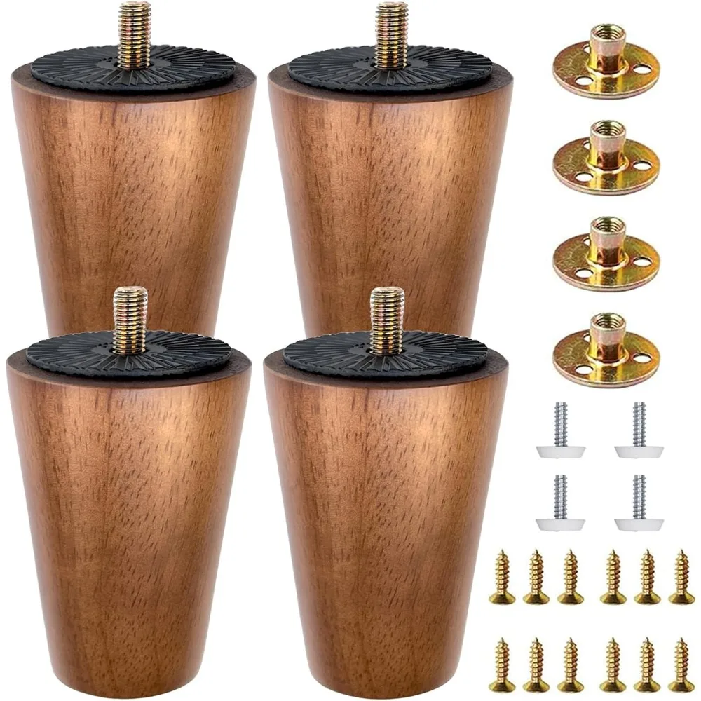 

4-Pack 4-Inch Solid Hardwood Furniture Legs, Mid-Century Style with Golden Metal Caps - Walnut Finish, Perfect for Couches, Dres