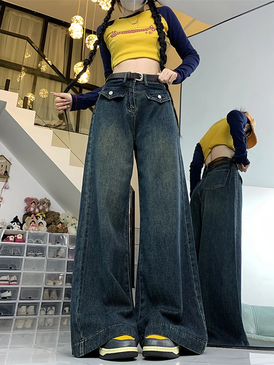 

S-5Xl Streetwear Jeans Women Y2K High Waist Wide Pants Denim Harajuku Oversized Baggy Casual Full Length Trousers 2024 E37