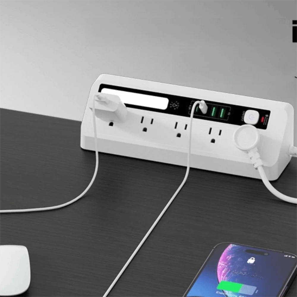 Touch Activated Desktop Charging Strip 2AC 2USB 3 Color USB Charging Station Compact Portable Flame-Retardant Shell