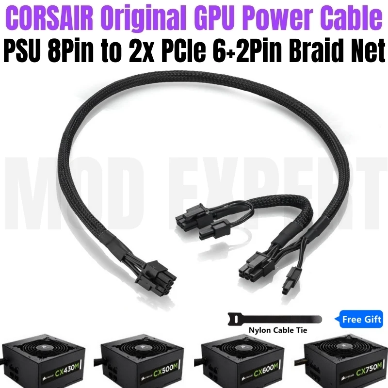 

Original CORSAIR PCIe Dual 8Pin 6+2Pin VGA GPU Power Cable Sleeved 60+20CM 18AWG for CX430M CX500M CX600M CX750M CX850M Power