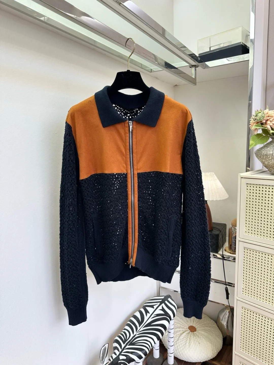 Vintage Suede & Open Knit Top Women Warm Brown & Navy Color Block Ribbed Trim Breathable Retro Casual Blouse
