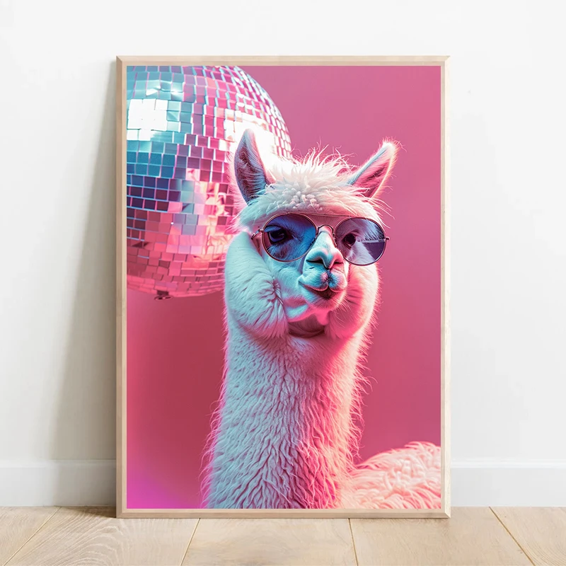 Funny Cute Animal Bubble Party Disco Pink Posters Kitten Llama Koala Prints Canvas Printing Wall Art Picture for Room Home Decor