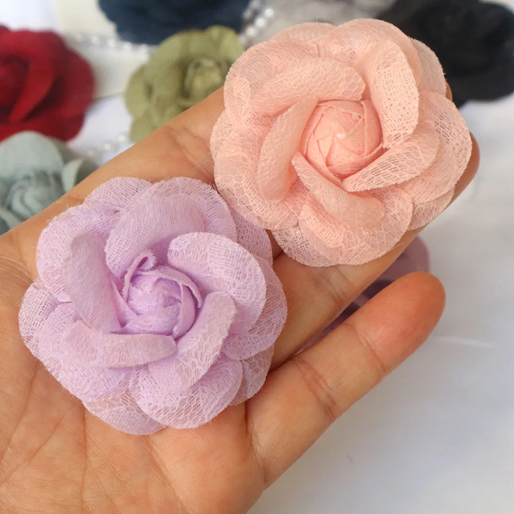 5PCS 5,5 CM Handgemachte Spitze Stoff Kamelie Rose Blume Kopfbedeckung Hut Kleid Kleidung Dekoration Haar Zubehör Brosche DIY material – Detail 8