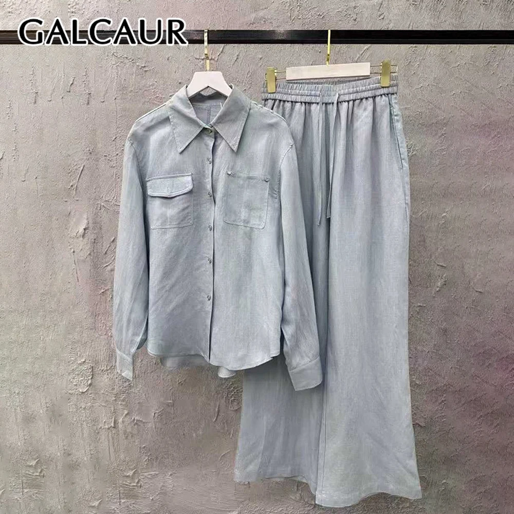 

GALCAUR Solid Spliced Pockets Two Piece Sets for Women Lapel Long Sleeves Patchwork Elastic Waist Pant Set Female Fashion New