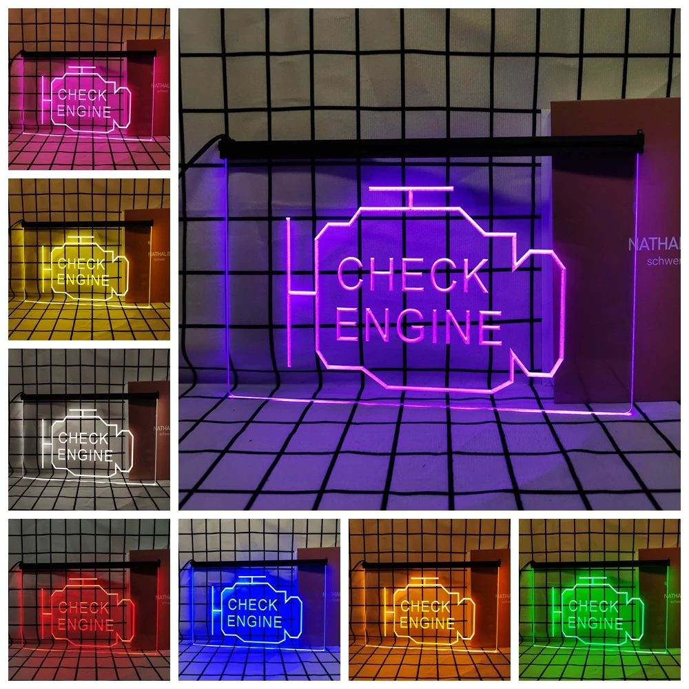 Check Engine Retro LED Neon Sign Home Decor with Vintage Plaques and Posters for Room Office Farmhouse