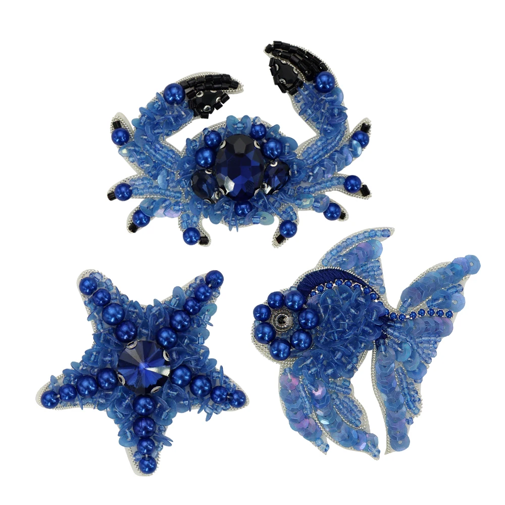 Ocean Animals Beaded Rhinestone Patches Crab Fish Shrimp Starfish Conch Sew On Appliques Sequins Bead Applique Patches 2pieces