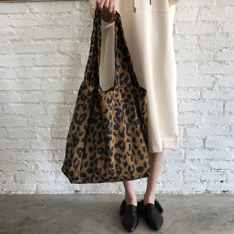 Classic Leopard Printing Top-handle Bag Women Corduroy Shopping Bag Large Capacity Book Tote Bag Female Casual Shoulder Bag