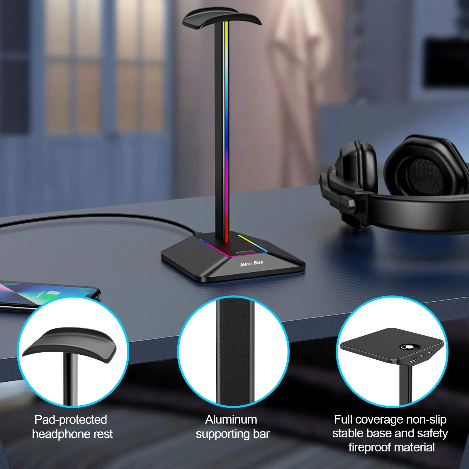 New Bee Z8 RGB Headphones Stand Holder Desk Gaming Headset Cool Display With 2 USB Ports Holder Non-Slip Rubber Base for Gamer image 5