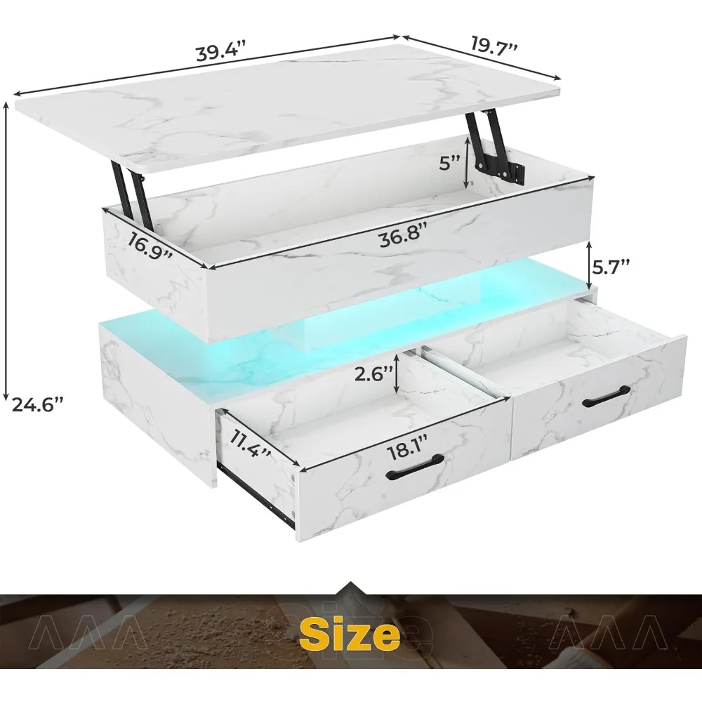 Lift Top Storage Coffee Table with LED Light for Living Room, Small 2 Drawers Space-Saving Furniture