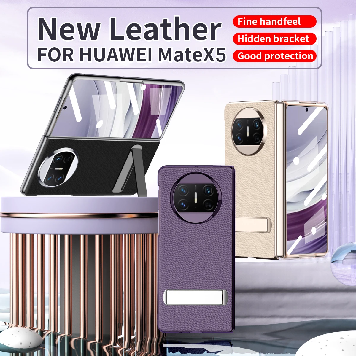 

Luxury Transparent Border Leather Phone Case For Huawei Mate X5 All-inclusive Protective With Folding Bracket & Tempered Film