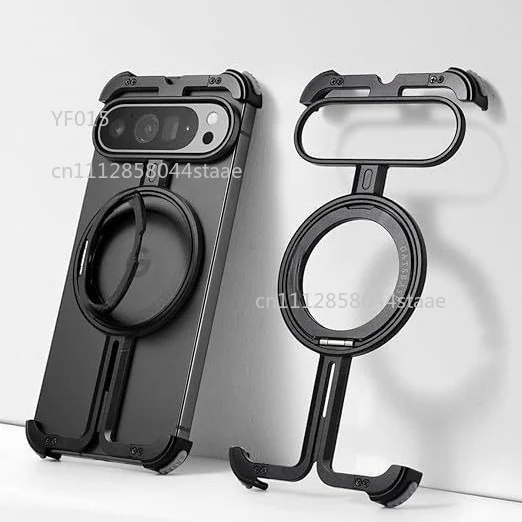 Metal Hollow Magnetic Phone Case for Google Pixel 10 Pro XL/9 Pro Shockproof Stand Cover