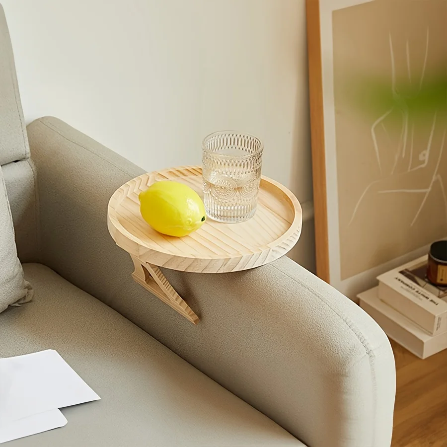 1Pc Wood Sofa Side Tables Round Portable Foldable Armrest Clip On Tray Waterproof Couch Rest