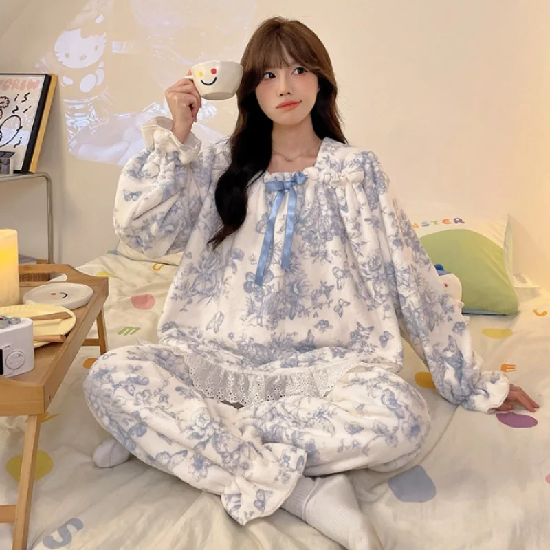 

M-2XL женская зимняя домашняя одежда, студенческие пижамы на подкладке из кораллового флиса, утепленная фланелевая одежда, уютная мягкая плюшевая одежда с цветочным принтом
